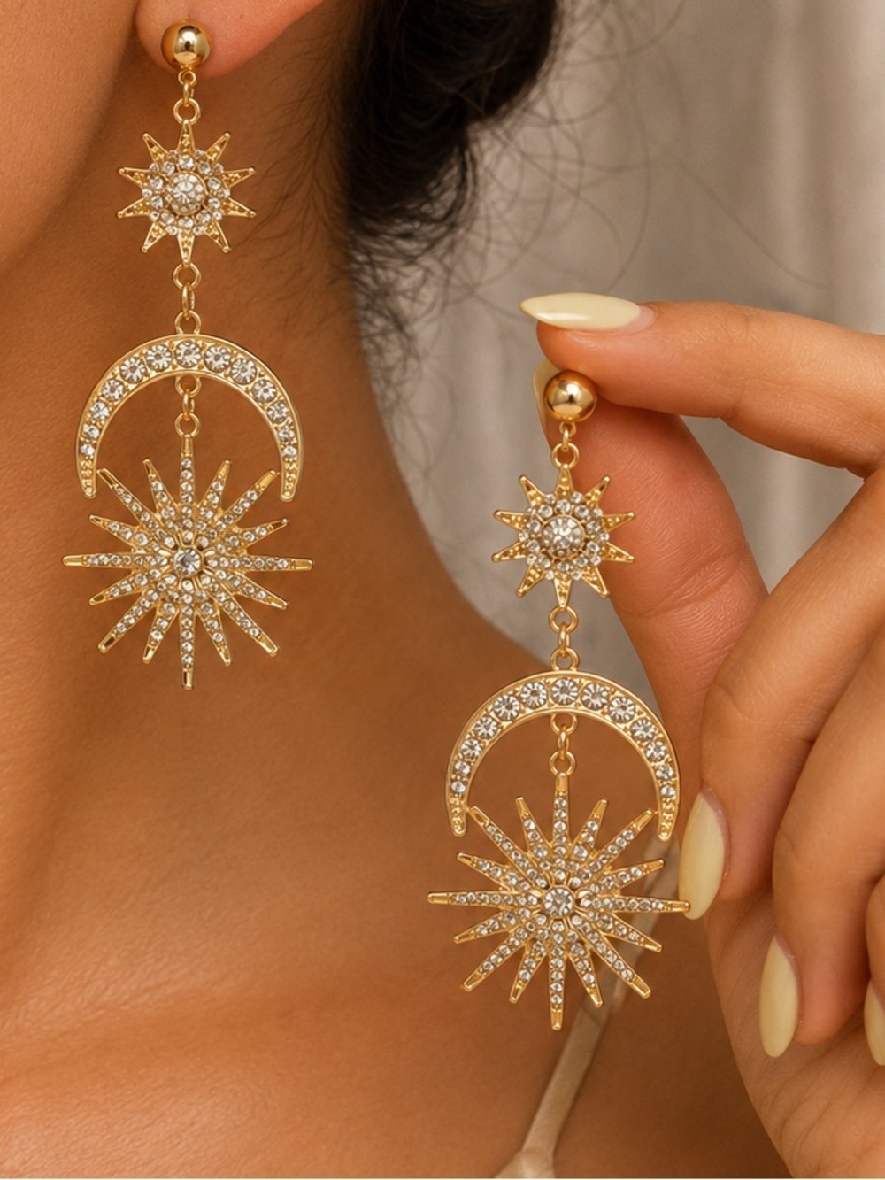 Gold star moon sun earings